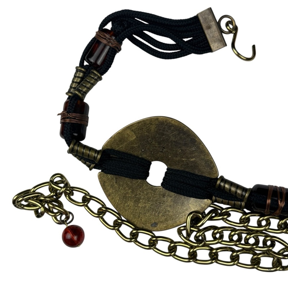 Vintage Boho Hammered Brass Macrame Cord Beads Adjustable Chain Belt S/M - Picture 3 of 8
